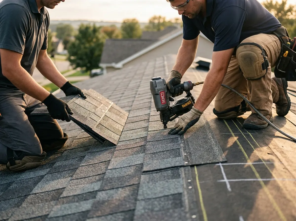 Professional roofer working on a residential roof in Caln
